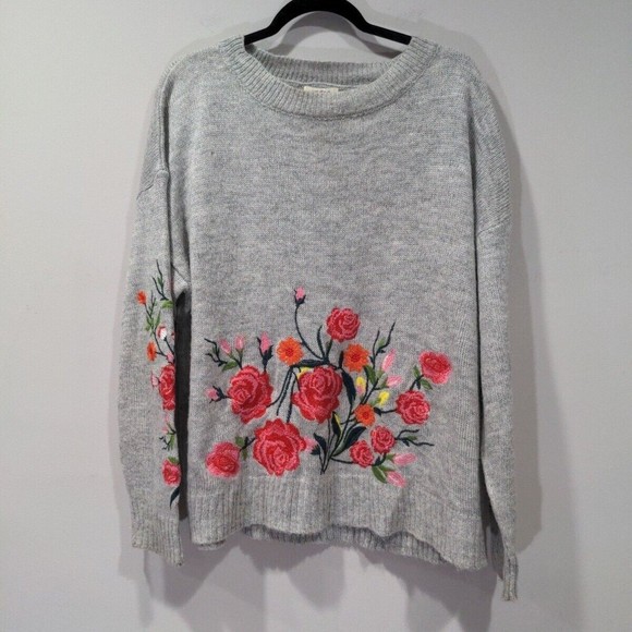 Umgee Womens Floral Embroidered Sweater Size Small Oversized Gray Slouchy Loose - Picture 1 of 16
